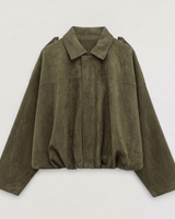 Three-quarter view of a faux suede bomber jacket with matte texture