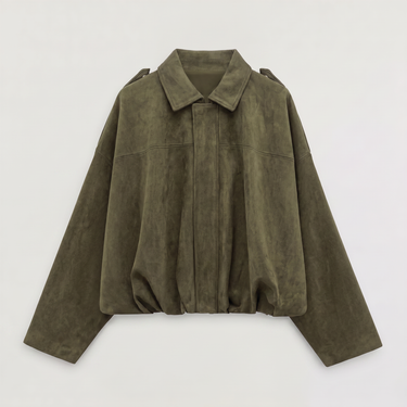 Three-quarter view of a faux suede bomber jacket with matte texture