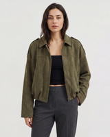 Front view of a faux suede bomber jacket with fold-over collar and oversized fit