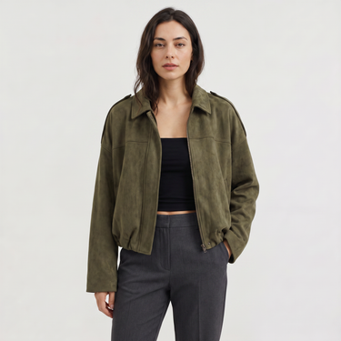 Front view of a faux suede bomber jacket with fold-over collar and oversized fit