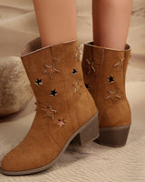Back view of mid-calf western cowboy boots with stacked block heel