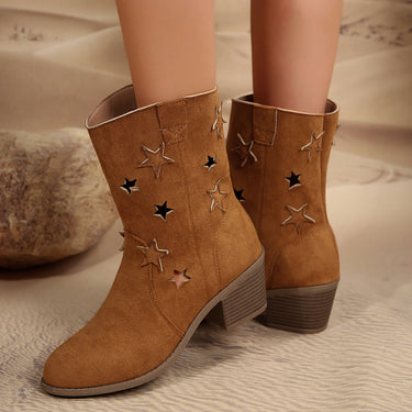 Back view of mid-calf western cowboy boots with stacked block heel
