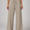 Front view of wide leg crinkle trousers with drawstring waist