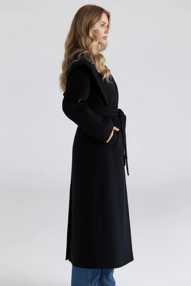 Wool Shawl Collar Coat with Belt and Oversized Silhouette