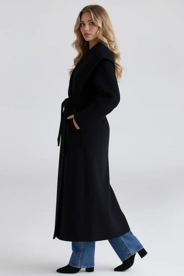 Wool Shawl Collar Coat with Belt and Oversized Silhouette