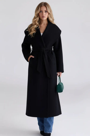 Wool Shawl Collar Coat with Belt and Oversized Silhouette