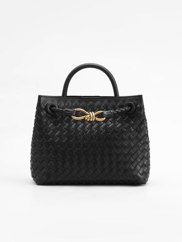 Structured woven top-handle bag with a metallic twist detail at the centre front