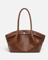 Top-down view of the fully lined interior of the woven tote bag