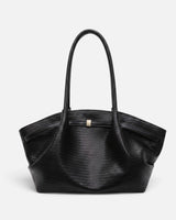 Front view of a structured woven tote bag with gold-tone clasp and two shoulder straps