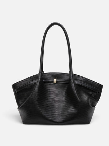 Front view of a structured woven tote bag with gold-tone clasp and two shoulder straps