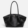 Front view of a structured woven tote bag with gold-tone clasp and two shoulder straps