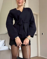 Wrap Blouse with Tie Waist and Long Sleeves