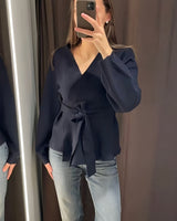 Wrap Blouse with Tie Waist and Long Sleeves