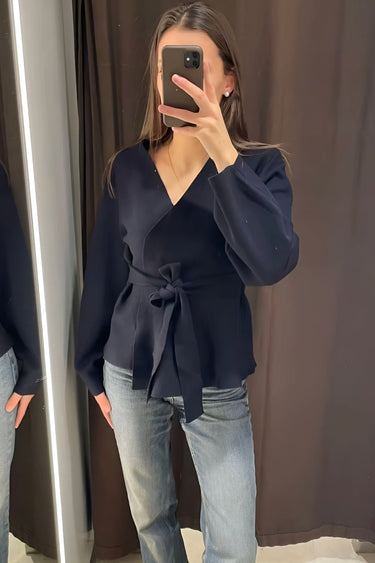 Wrap Blouse with Tie Waist and Long Sleeves