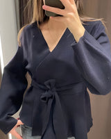 Wrap Blouse with Tie Waist and Long Sleeves