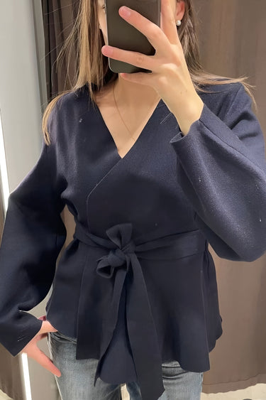 Wrap Blouse with Tie Waist and Long Sleeves