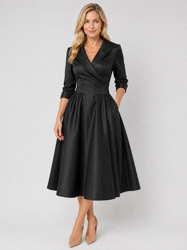 Rear view of the wrap midi dress showing the fitted waist and flowing skirt