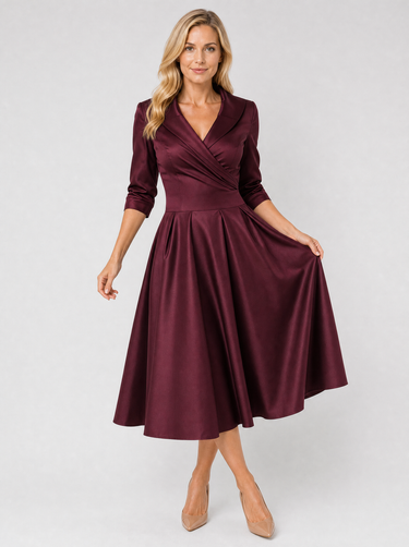 Detail shot of the satin-feel woven fabric and skirt pleating