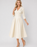 Full-length view of the wrap front midi dress showing overall silhouette and length