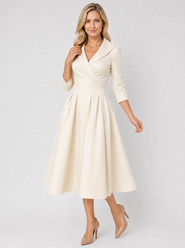 Full-length view of the wrap front midi dress showing overall silhouette and length