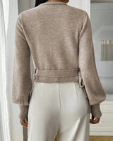 Side view of the wrap sweater showing the overlapping front panels