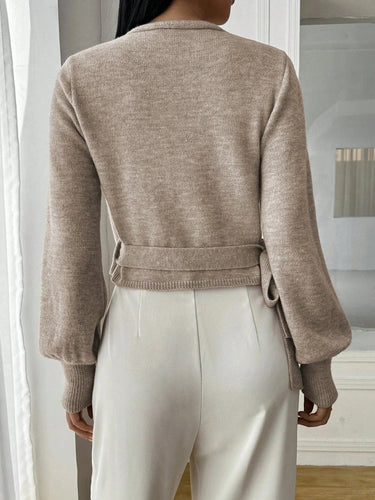 Side view of the wrap sweater showing the overlapping front panels
