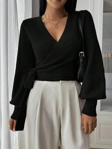 Front view of the wrap sweater in brown
