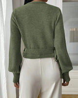 Three-quarter view of the wrap sweater showing sleeve length