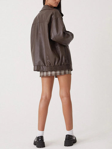 Zip-Front Leather Bomber Jacket
