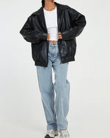 Zip-Front Leather Bomber Jacket