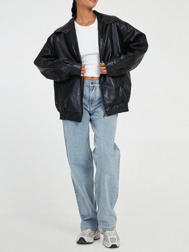 Zip-Front Leather Bomber Jacket