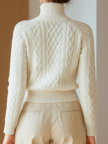 Close-up of raised cable knit texture and zip fastening detail