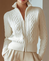 Cable knit zip-up cardigan with stand collar and ribbed cuffs, front view